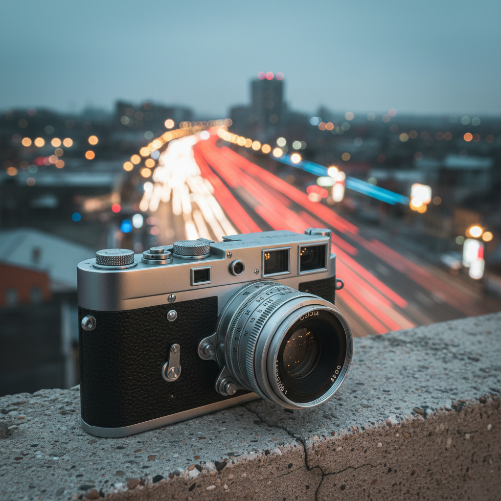 A meticulously detailed vintage film camera resting on the edge of a rough concrete ledge overlooking a blurred nighttime city street. The camera’s brushed metal body and textured black leather grip catch soft reflections from passing headlights and distant neon signs, creating tiny highlights on dials and the lens rim. Cool, diffused ambient light mixes with warm reflections from below, lending the scene a refined, cinematic feel. Shot from a slightly elevated angle with the camera placed on the lower third of the frame, the background becomes an abstract river of bokeh light trails. The mood is sophisticated, nostalgic, and introspective, emphasizing the craft of street photography through photographic realism.