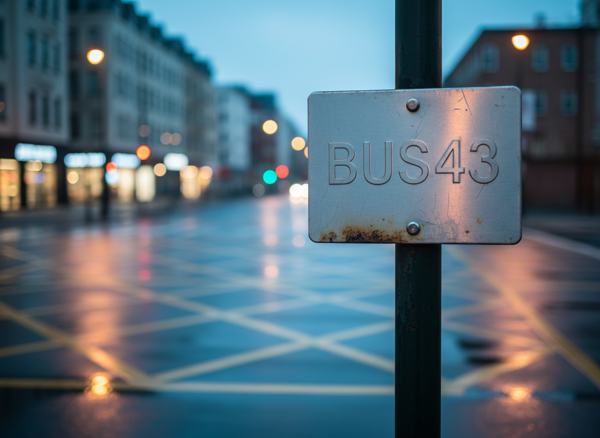 A sleek, weathered metal street sign reading “BUS43” in embossed letters, mounted on a slightly rusted pole at a quiet city intersection. Reflections of neon lights from unseen storefronts shimmer across the damp asphalt and puddles below, capturing distorted colors and geometric patterns. Soft, cinematic blue-hour light mingles with warm sodium streetlights, casting long, elegant shadows and subtle glows around the sign. Photographed at eye level with a shallow depth of field, the background becomes a creamy bokeh of abstract urban light. The mood is sophisticated and contemplative, emphasizing photographic realism with a clean, modern aesthetic that suggests thoughtful street photography and daily urban chronicles without any human presence.