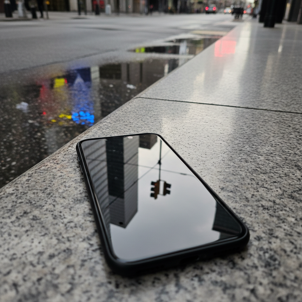 A pristine, glossy smartphone lying face-up on a smooth stone bench beside a city sidewalk, its black screen capturing subtle reflections of high-rise windows, hanging traffic lights, and fragmented sky. Around it, the pavement is scattered with small puddles that mirror distorted facades and faint streaks of color from illuminated billboards. Late afternoon light, soft and overcast, creates gentle highlights on the device’s polished edges and a refined, neutral tone across the scene. Captured from a low, close-up angle with a shallow depth of field, the edges of the bench and sidewalk blur into a minimalist urban abstraction. The atmosphere is quiet, analytical, and sophisticated, evoking the idea of daily digital chronicles within a photographic realism style.
