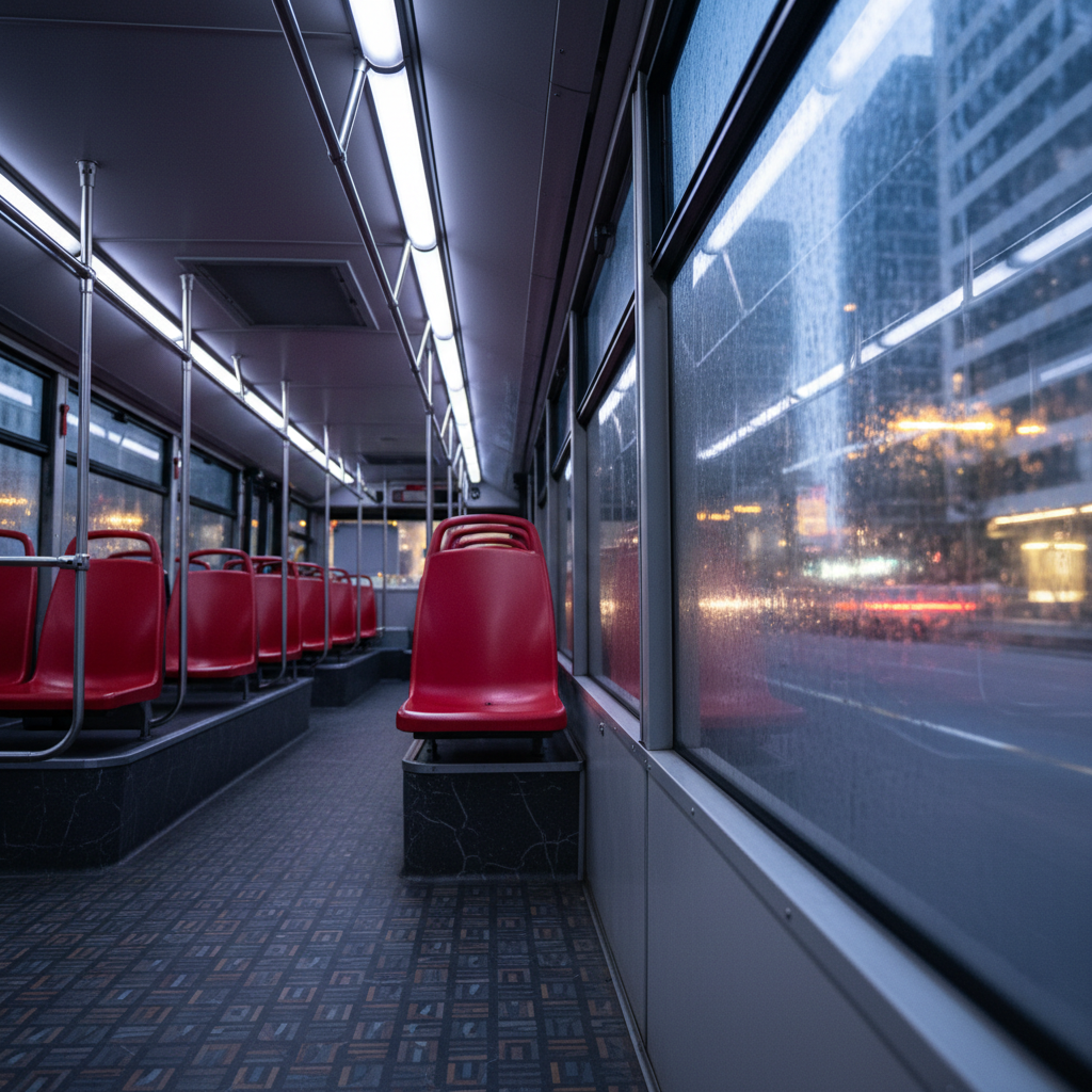 A row of empty, glossy red plastic bus seats inside a city bus, seen from the aisle at a low, cinematic angle. The cracked, patterned vinyl flooring reflects faint strips of overhead fluorescent lights, while the large side windows reveal softly blurred streaks of passing buildings and streetlights. Mild condensation on the glass creates hazy, impressionistic reflections of the city outside. The lighting is cool and diffused, with subtle specular highlights along the seat edges and chrome rails, adding depth and elegance. The composition uses leading lines from the handrails toward the back of the bus, with a moderate depth of field that keeps the interior sharp while the outside world dissolves into bokeh. The mood is introspective and sophisticated, capturing the quiet in-between moments of urban transit in photographic realism.